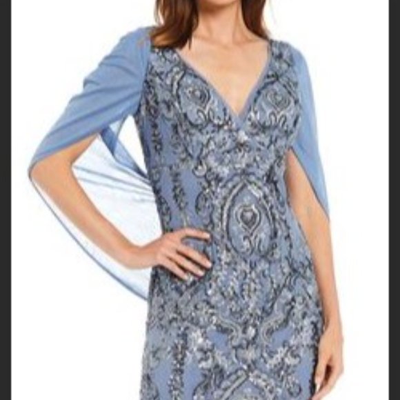 R&M Richards Chiffon V-Neck Drape Back Beaded Stretch Sheath Size 6 NWT Lt Blue - Picture 3 of 3